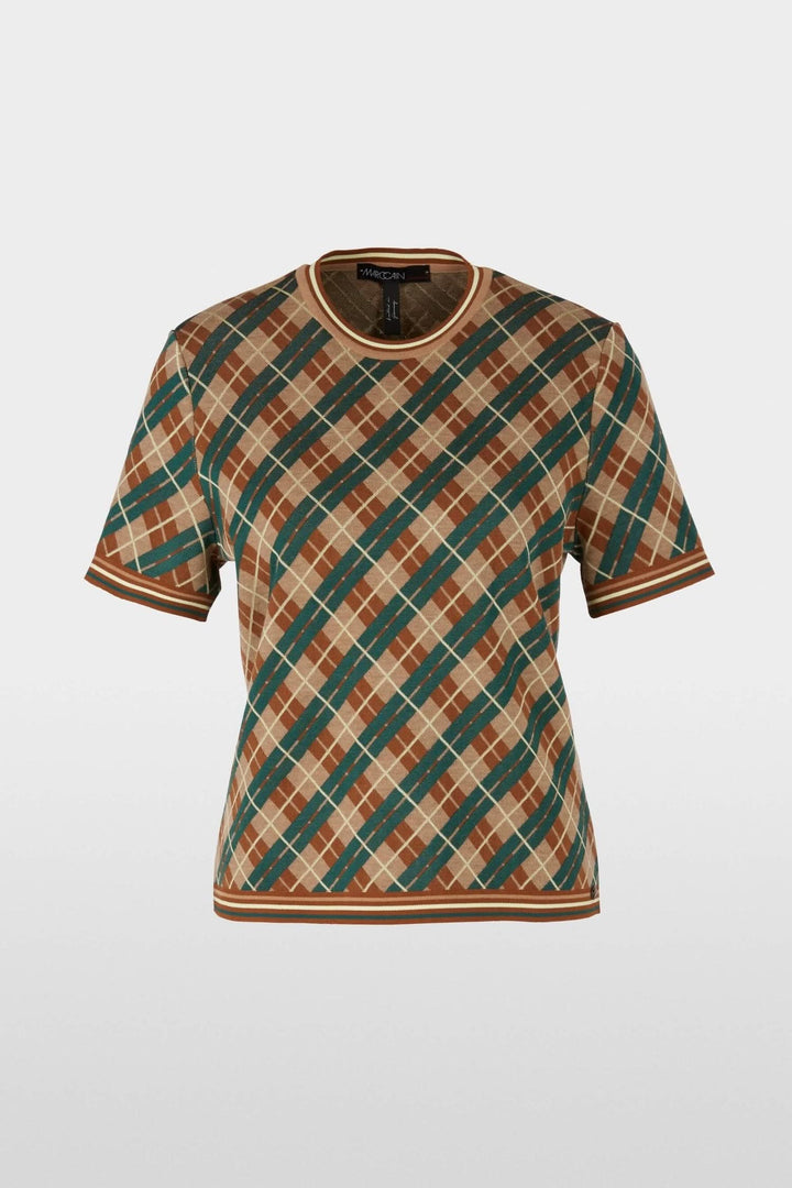 Chandail à motifs losanges, tricoté, coupe ample, manches courtes, en laine douce, coton et viscose.