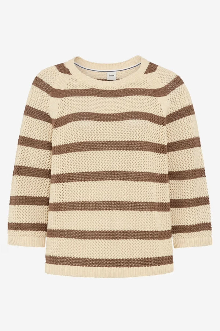 Chandail tricot NALA rayé avec manches trois-quarts et maille ajourée, idéal pour un style décontracté et confortable.