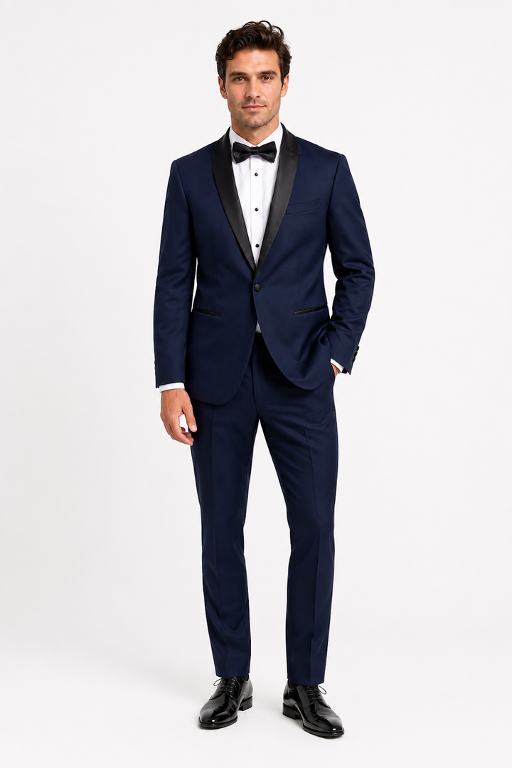 Full-length tuxedo with a satin shawl collar