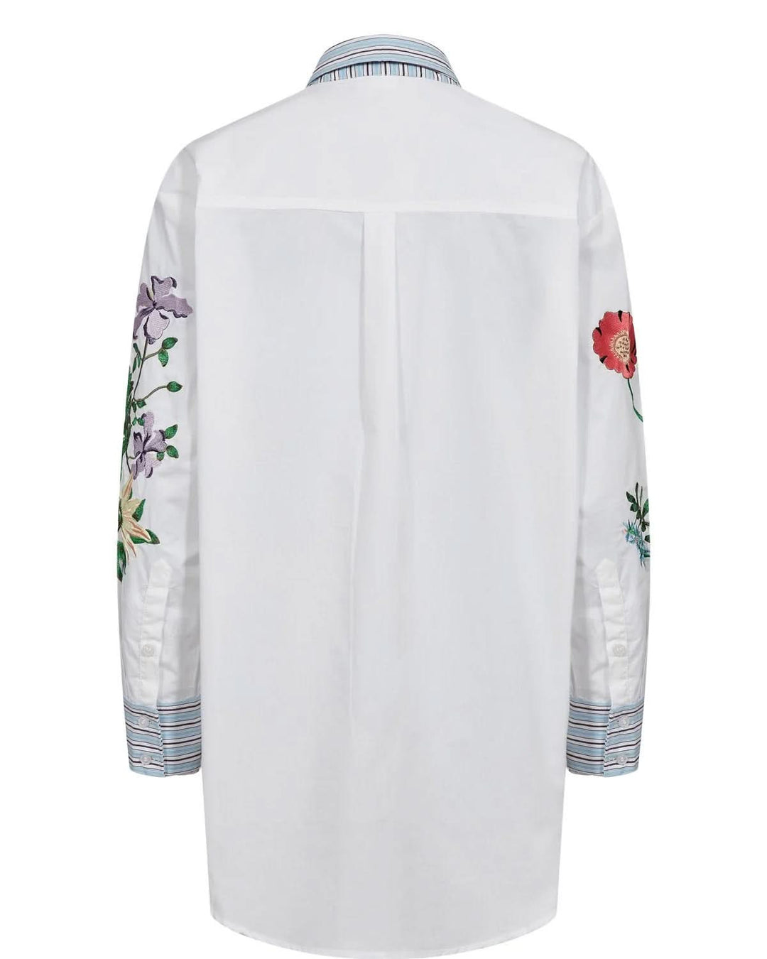 Chemise brodée à manches longues avec broderies florales et col structuré, vue de dos, style raffiné.