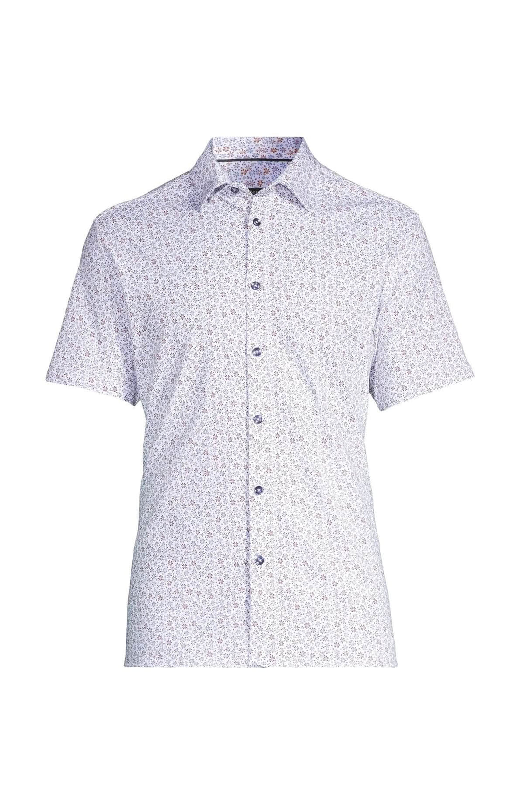 Chemise douce à manches courtes avec motif floral, col classique et boutons contrastants.