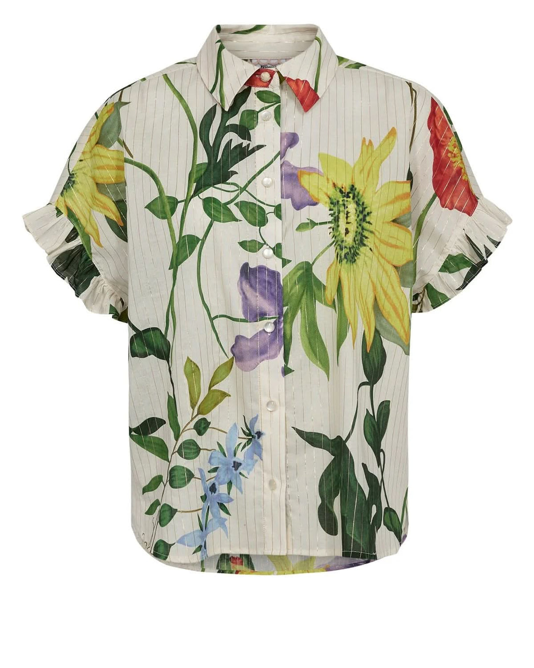 Chemise fluide imprimée à manches volantées avec motif floral coloré et col classique, idéale pour une allure féminine et raffinée.