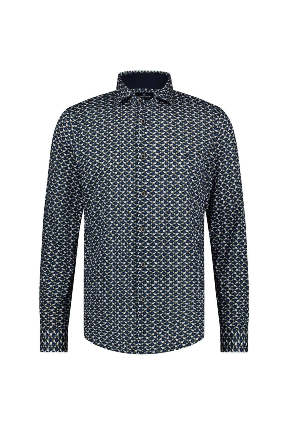 Chemise à manches longues avec imprimé de cercles et carrés, élégante et décontractée, idéale pour le bureau ou les sorties.