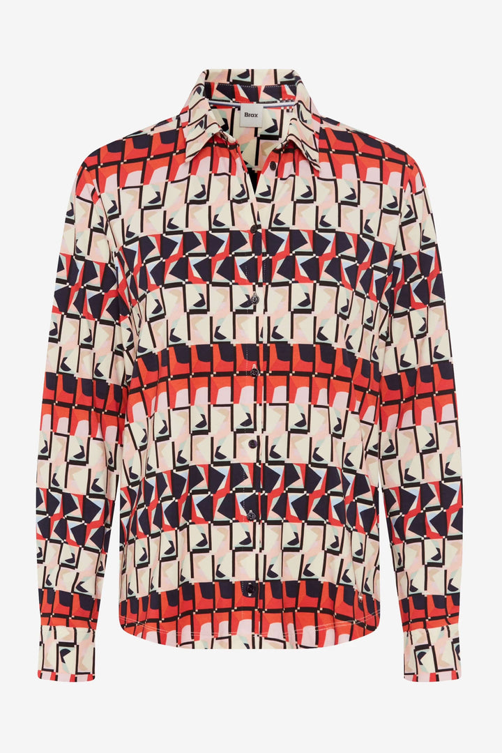 Chemise imprimée Celina, motif géométrique audacieux en rouge, noir et beige, coupe féminine et fluide.