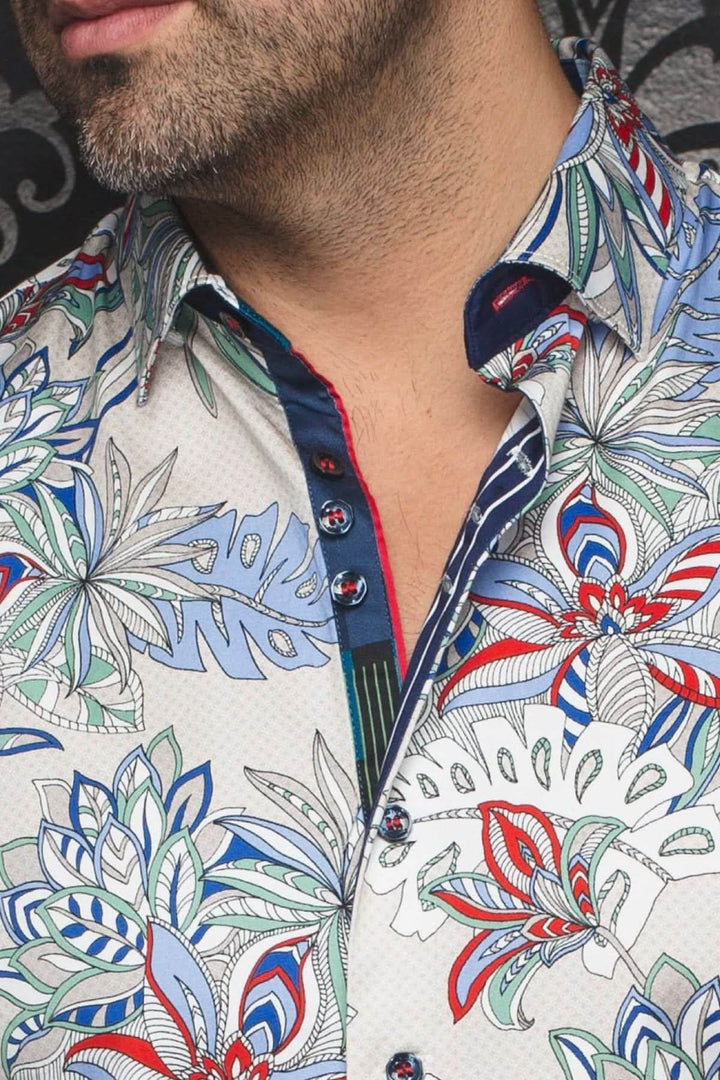 Chemise à manches courtes Corrado avec imprimé feuillage coloré et col classique, parfaite pour l'été.