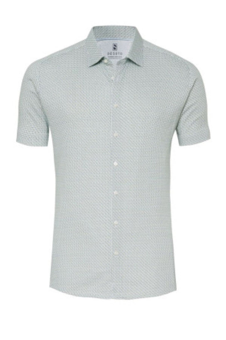 Chemise à manches courtes micro-imprimée élégante avec col classique et coupe ajustée, idéale pour un look moderne et polyvalent.