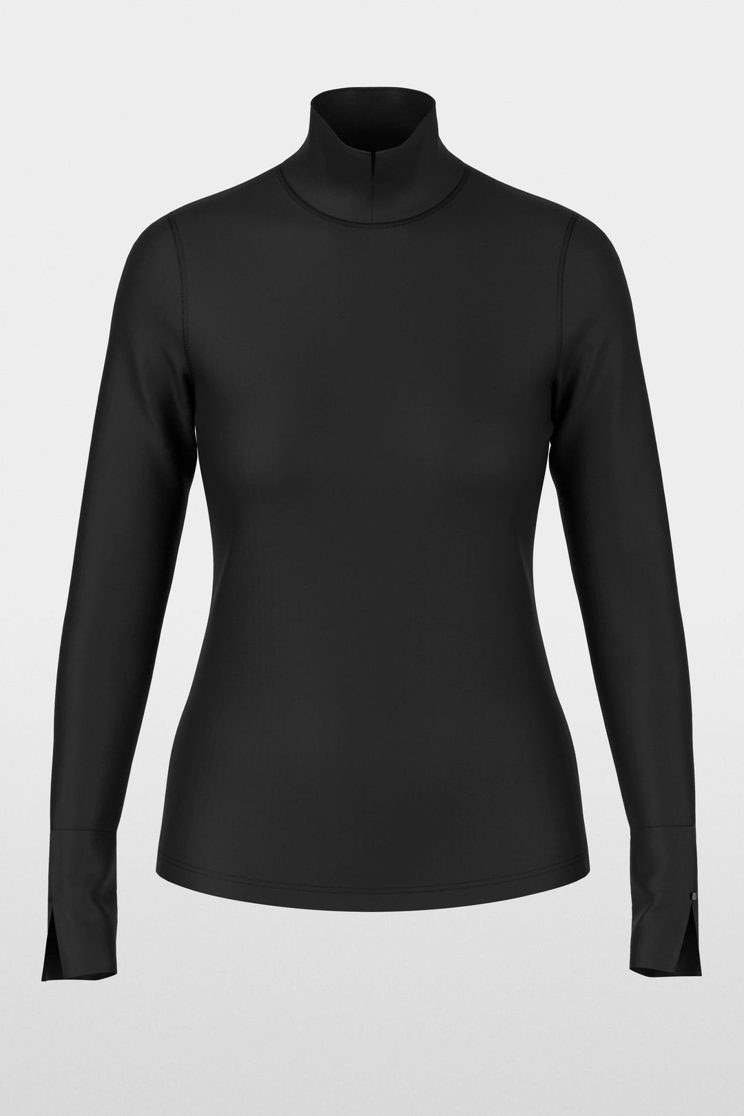 Col roulé ajusté noir avec col fendu, manches longues et fermetures zippées aux poignets, élégant et moderne.