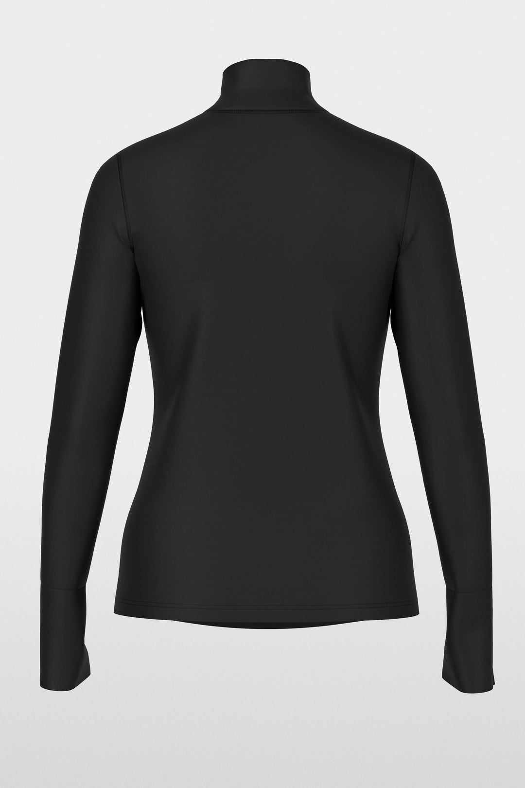 Vue arrière d'un col roulé ajusté noir avec col fendu et fermetures zippées discrètes aux poignets.