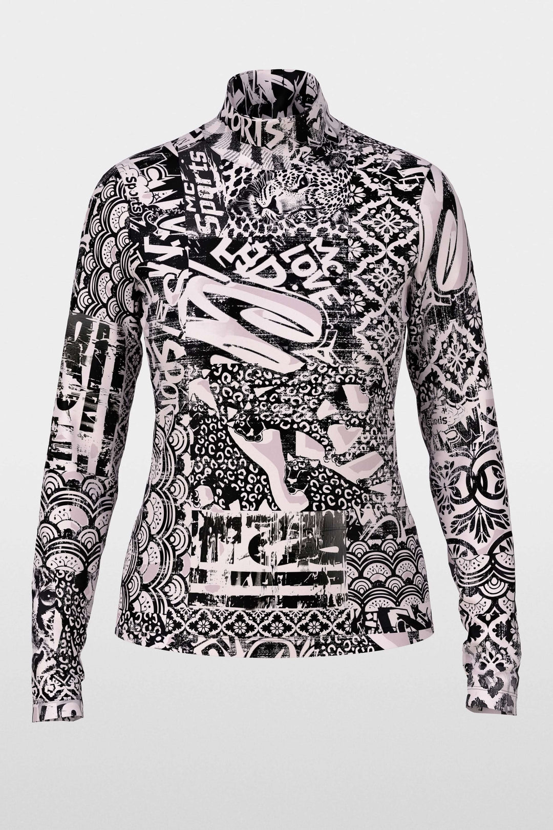 Col roulé noir et rose imprimé avec motifs graphiques modernes et coupe ajustée.