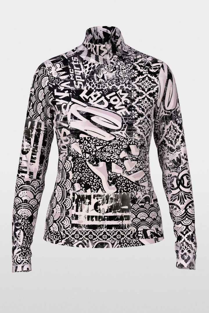 Col roulé noir et rose imprimé avec motifs graphiques modernes et coupe ajustée.