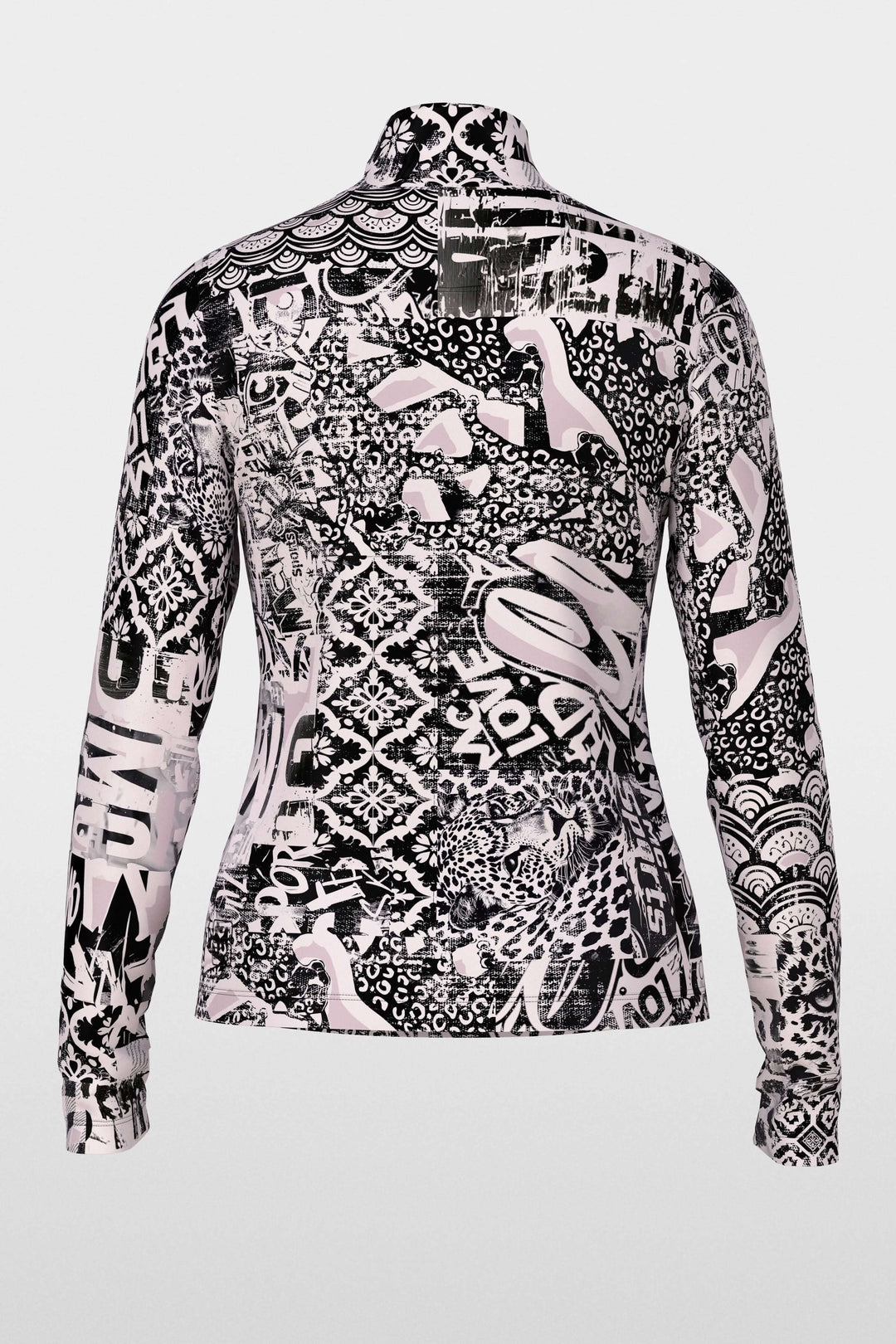 Col roulé imprimé au dos, avec motifs graphiques modernes en noir et rose, coupe ajustée et tissu extensible.