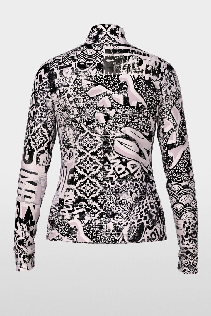 Col roulé imprimé au dos, avec motifs graphiques modernes en noir et rose, coupe ajustée et tissu extensible.