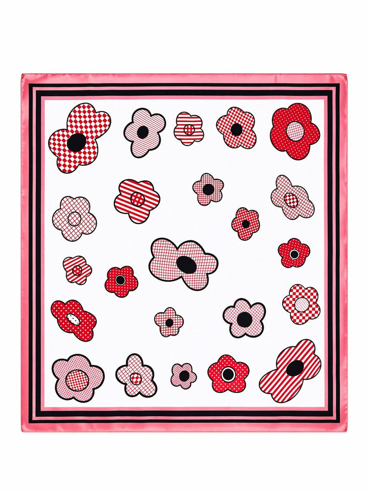 Foulard carré imprimé fleurs graphiques avec motifs floraux stylisés et bordure contrastante, format 70 x 70 cm, tissu léger et soyeux.