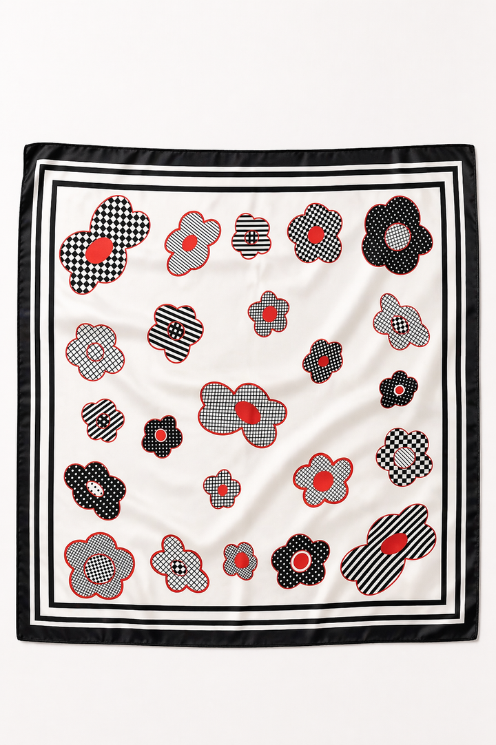 Foulard carré imprimé fleurs graphiques avec des motifs floraux stylisés, bordure contrastante, tissu léger 70x70cm.