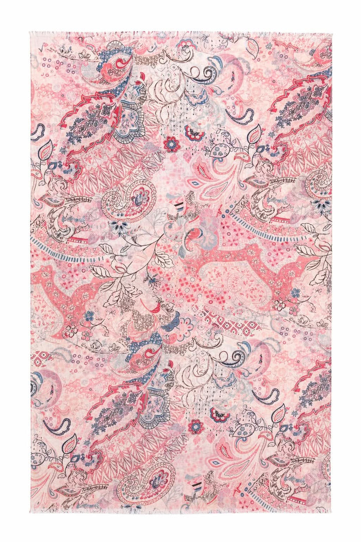 Foulard long imprimé avec motif cachemire et floral, léger et fluide, finition franges, parfait pour toutes les saisons.