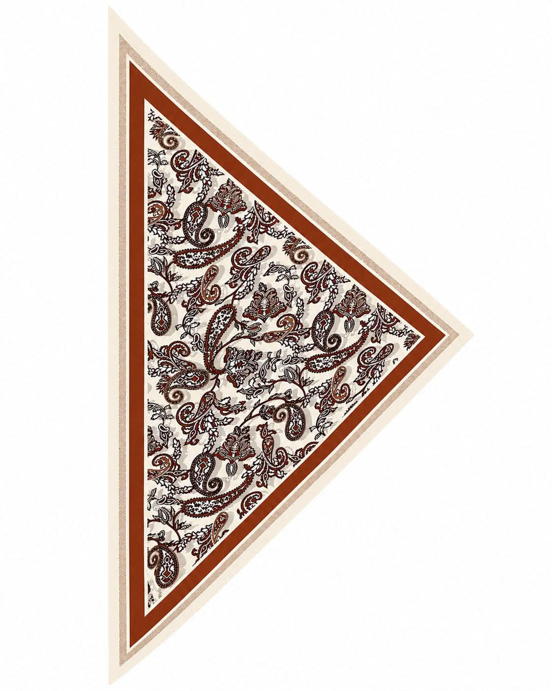Foulard triangulaire imprimé élégant avec motifs paisley et bordures raffinées, tissu léger et dimensions de 87 x 130 cm.