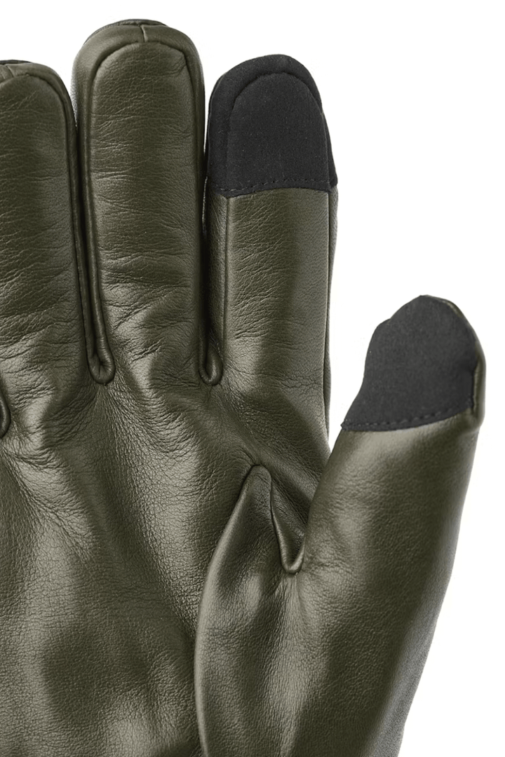 Gants en cuir John, couleur olive, avec poignets en laine côtelée et embouts tactiles pour écran tactile.