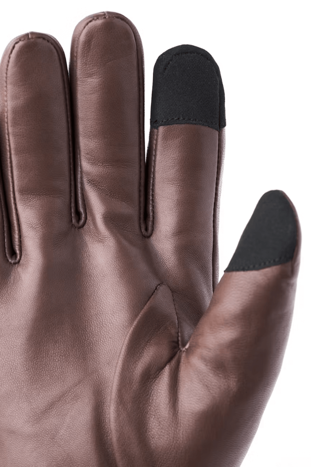 Vue rapprochée de gants en cuir marron avec doigts tactiles, idéal pour l'hiver et le style quotidien.