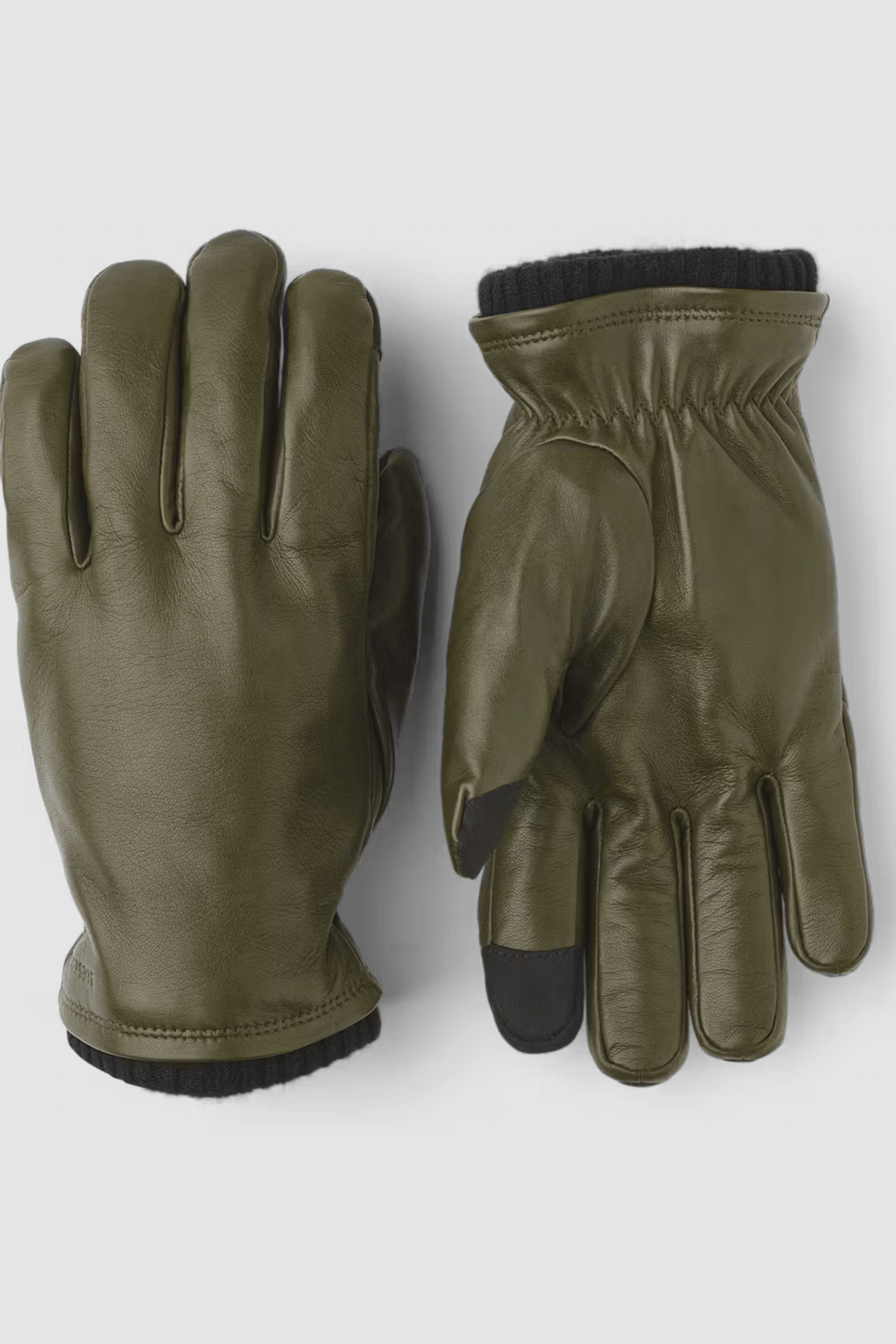 Gants de cuir John vert olive, doublure chaude, poignets en laine, fonction tactile, élégants et fonctionnels.