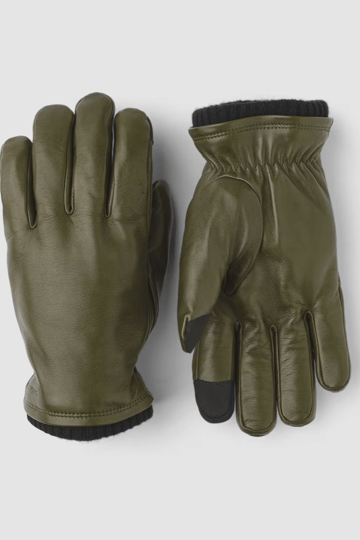 Gants de cuir John vert olive, doublure chaude, poignets en laine, fonction tactile, élégants et fonctionnels.