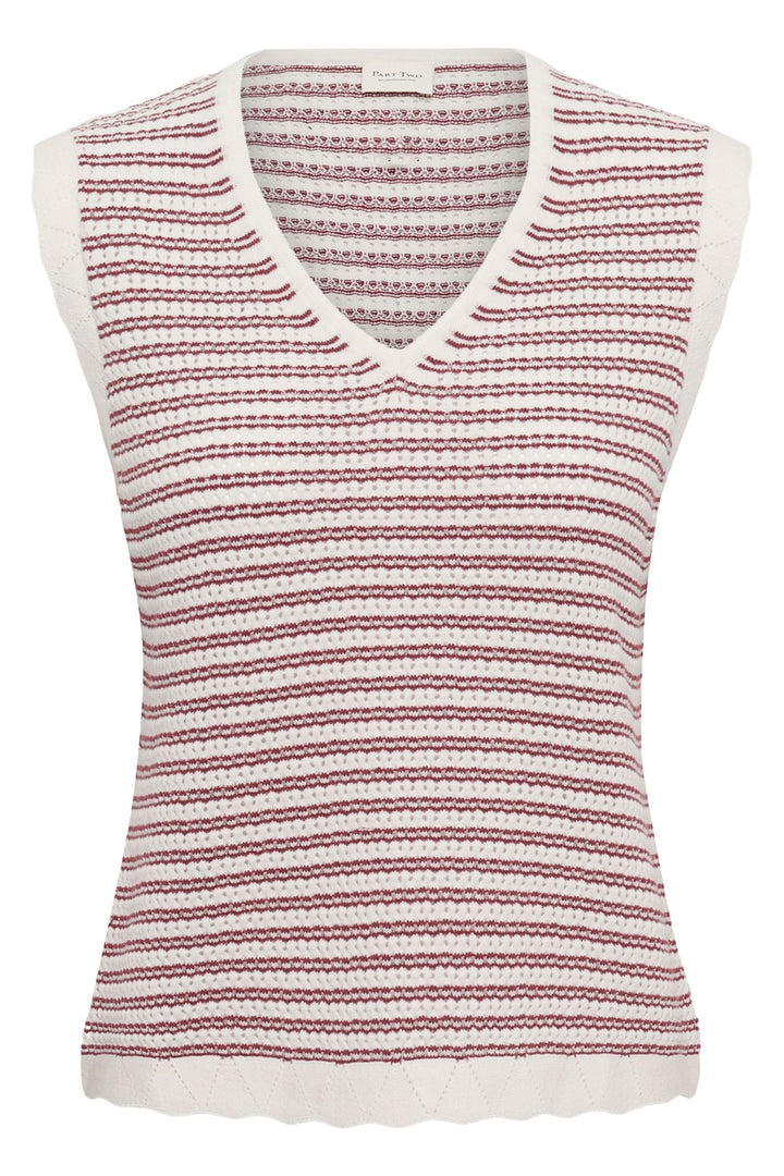 Haut en maille ajourée Bolissa sans manches avec encolure en V et texture rayée, idéal pour un style décontracté et raffiné.
