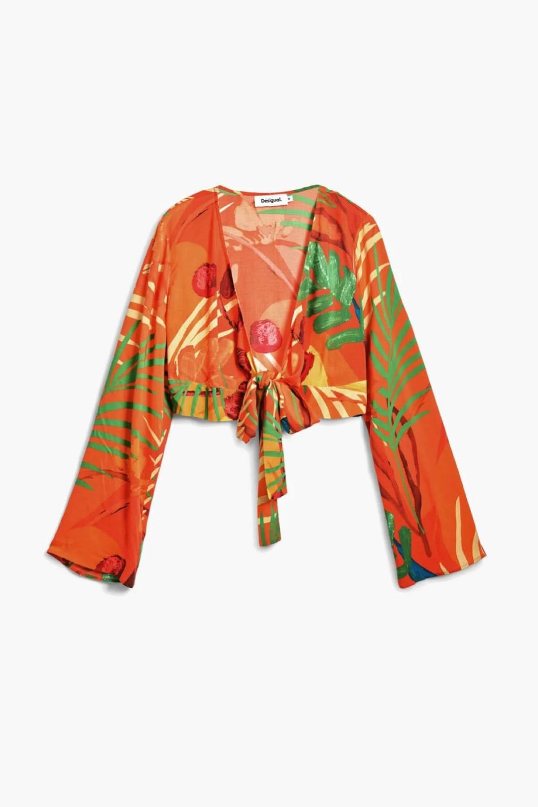 Haut cache-cœur à imprimer tropical, à manches longues évasées et taille ajustable, couleur orange vibrant.