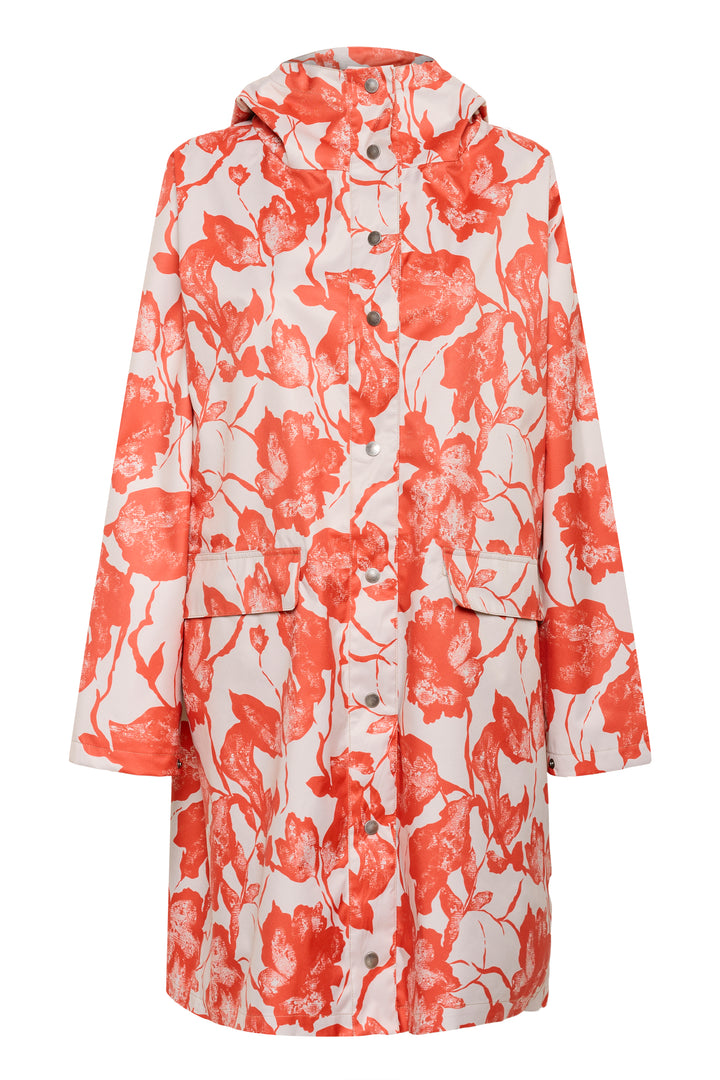 Imperméable Olif avec motif floral expressif, coupe droite et longueur sous le genou, ajoutant une touche moderne et stylée.