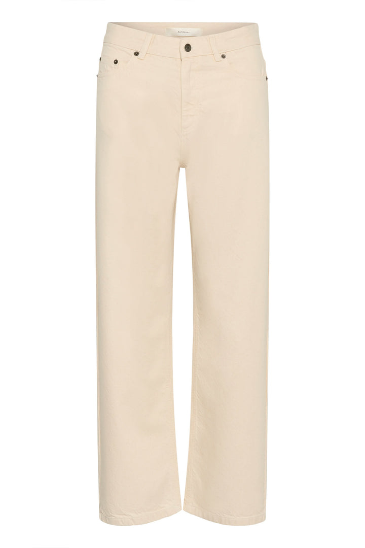 Jean Dilys droit classique beige en denim confortable avec passants de ceinture et poches avant et arrière, coupe droite élégante.
