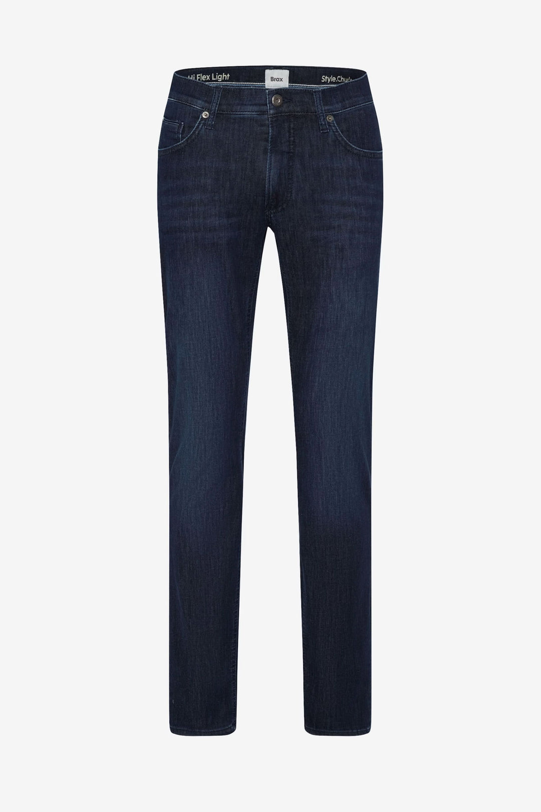 Jean cinq poches coupe moderne en denim bleu, confortable et élégant pour tenues décontractées.
