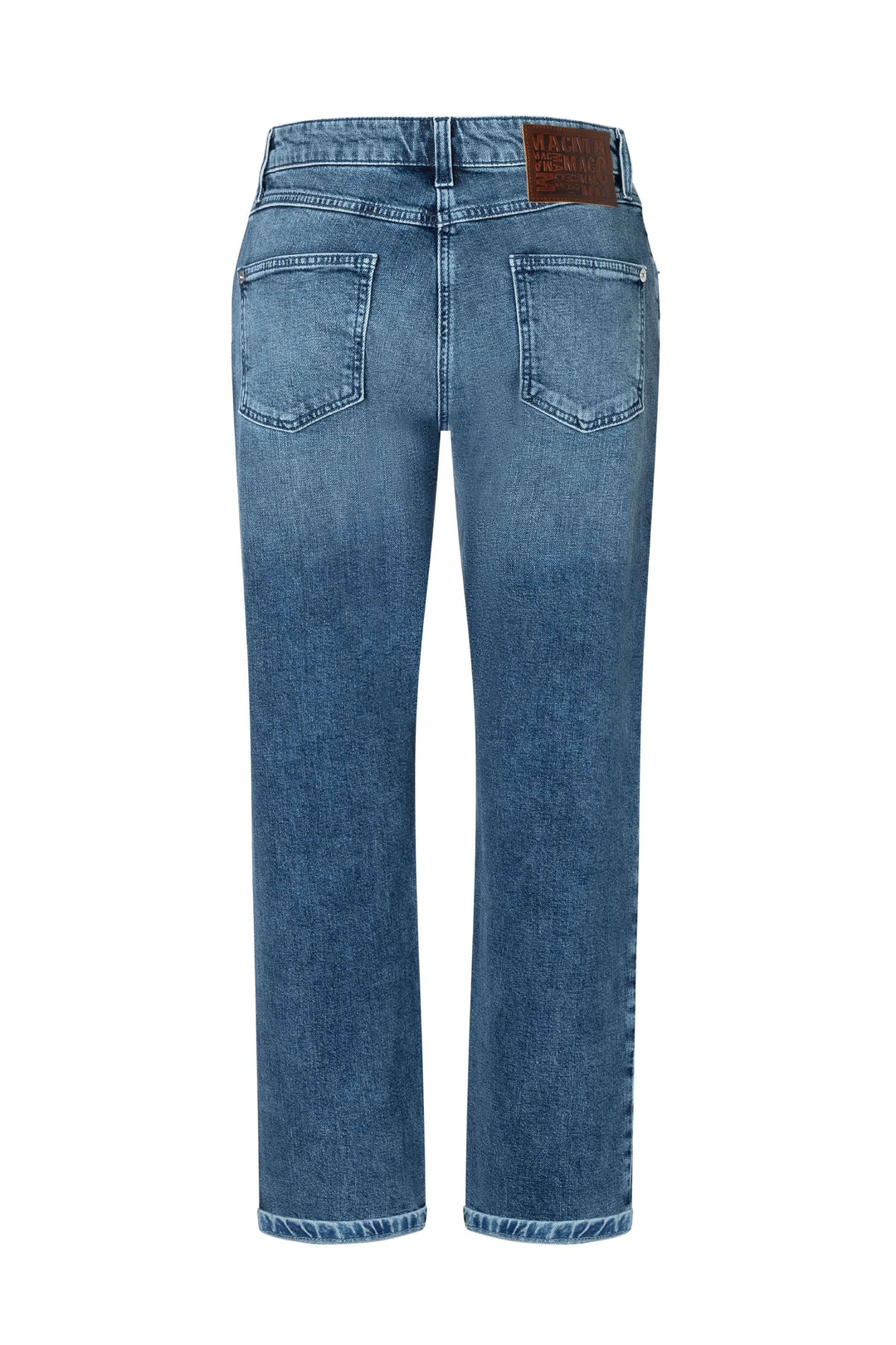 Jean droit bleu délavé avec coupe classique et cinq poches, vu de dos.