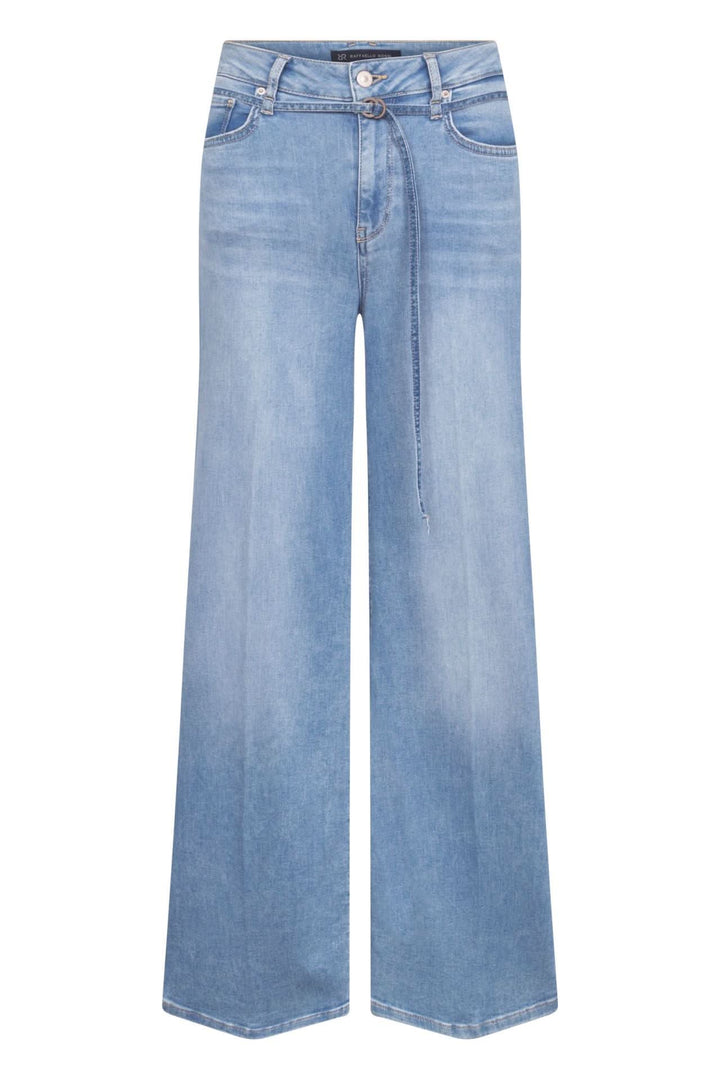 Jean à jambe large avec ceinture intégrée en denim souple, offrant un style décontracté et chic.