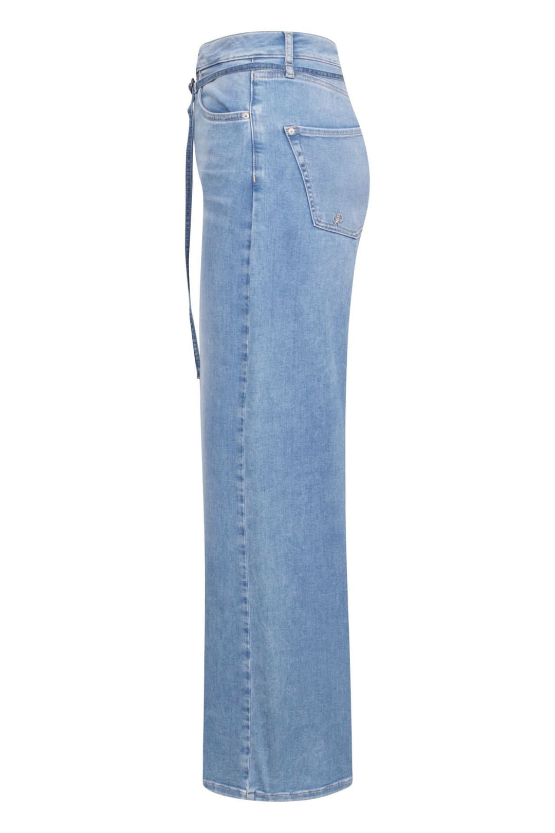 Jean à jambe large avec ceinture intégrée en denim bleu clair, offrant style décontracté chic et confort optimal.