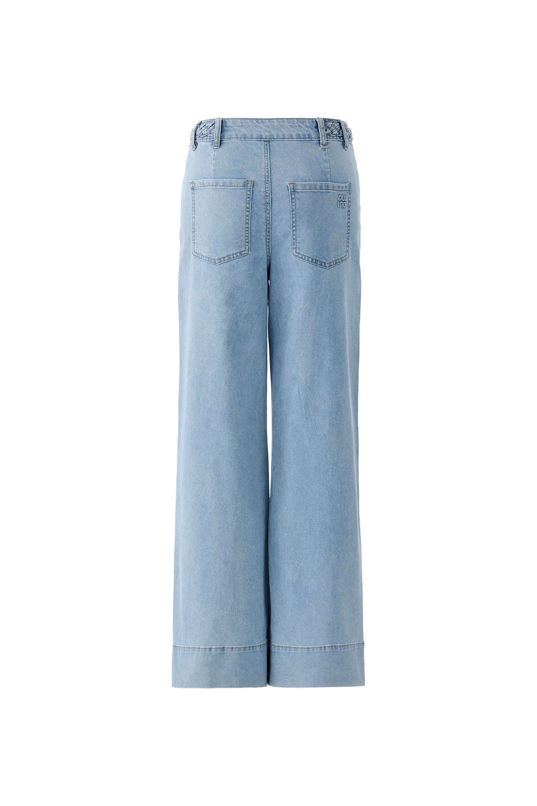 Jean à jambe large avec taille tressée, vue arrière du pantalon en denim bleu clair avec poches et détail de ceinture tressée.