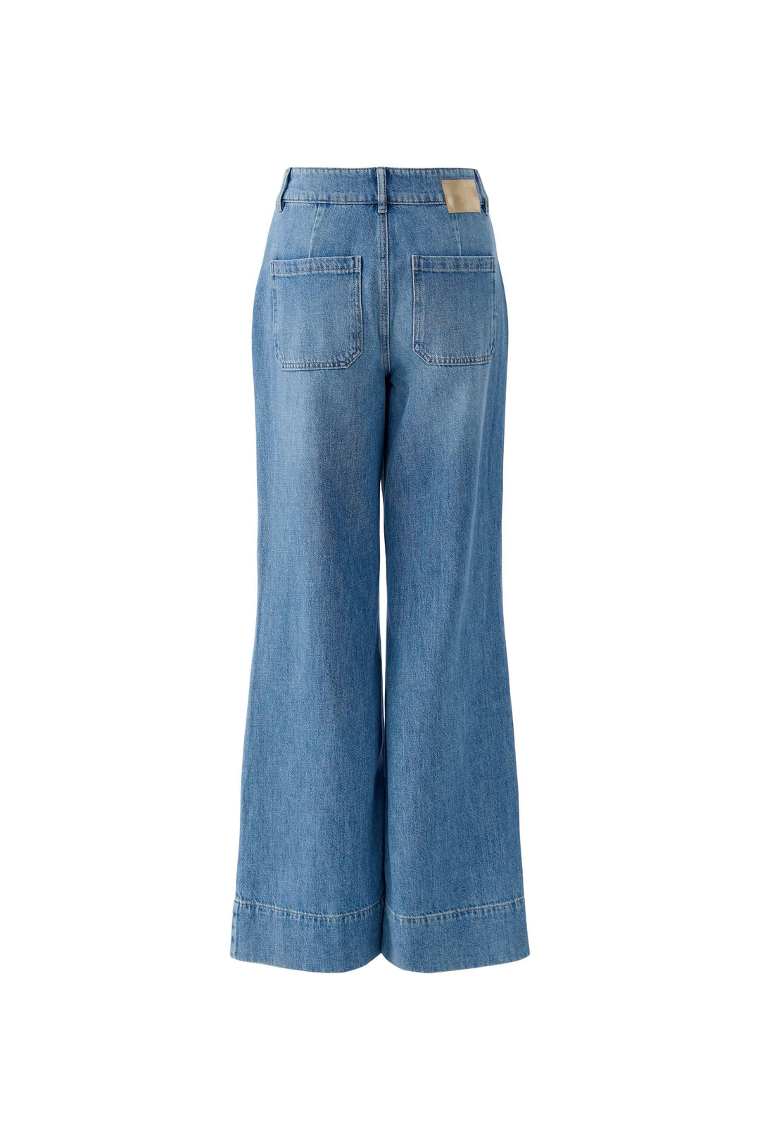 Jean large à taille haute, bleu, vu de dos, avec poches, coupe ample et structurée, idéal pour un look élégant et moderne.