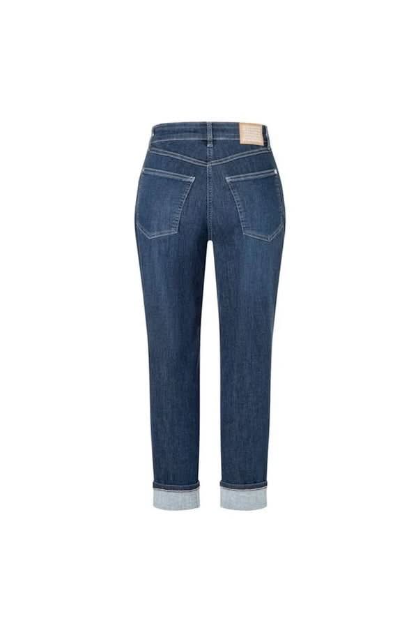 Jeans coupe droite à revers en denim extensible avec taille mi-haute, vue arrière. Confort intemporel et style moderne en bleu indigo.