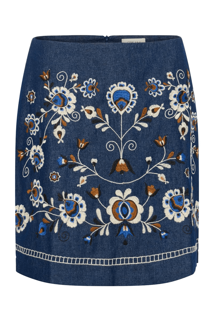 Jupe Gro en denim avec broderies florales raffinées et coupe droite bohème chic