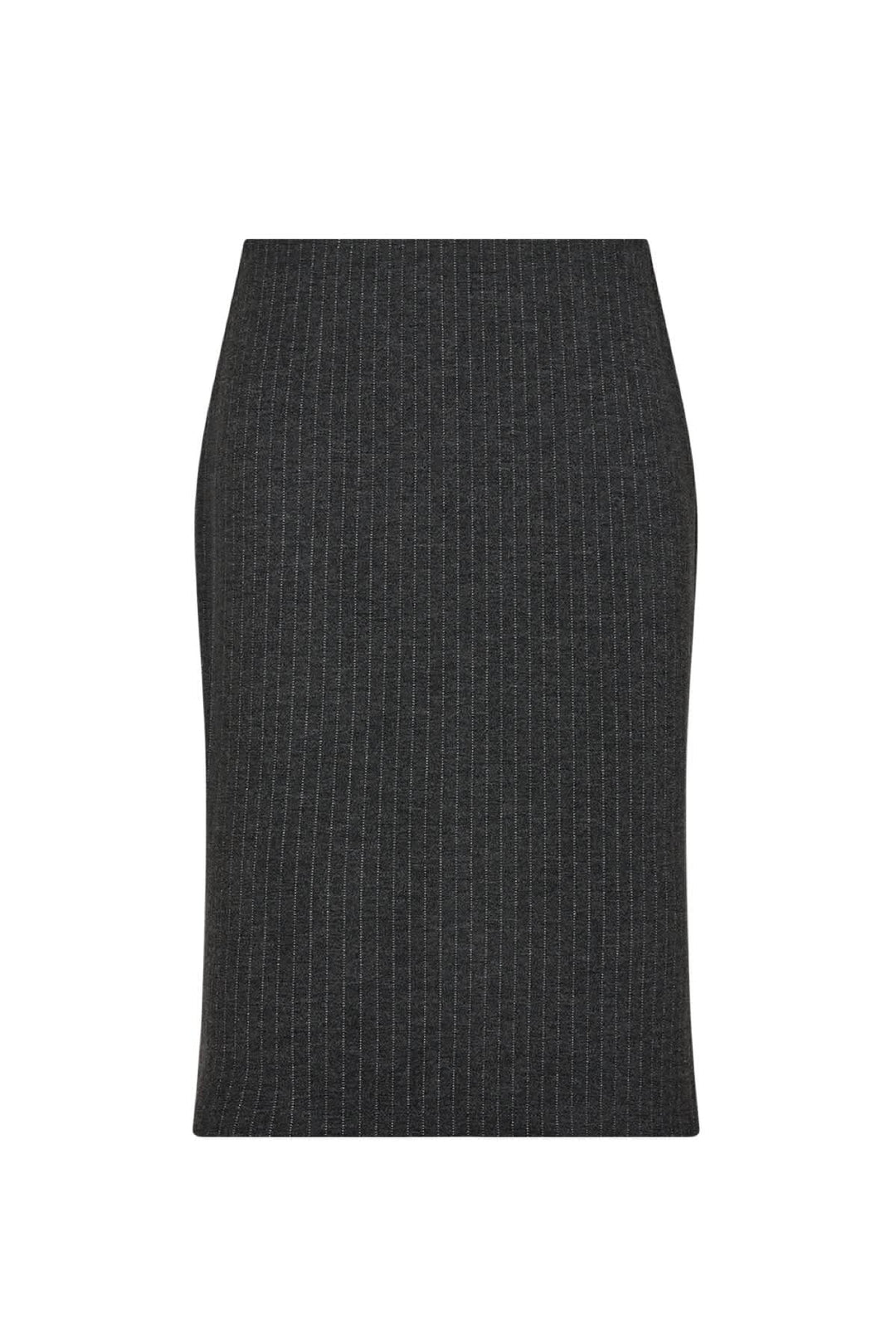 Jupe crayon noire avec rayures, taille haute et fente arrière, idéale pour un look professionnel.
