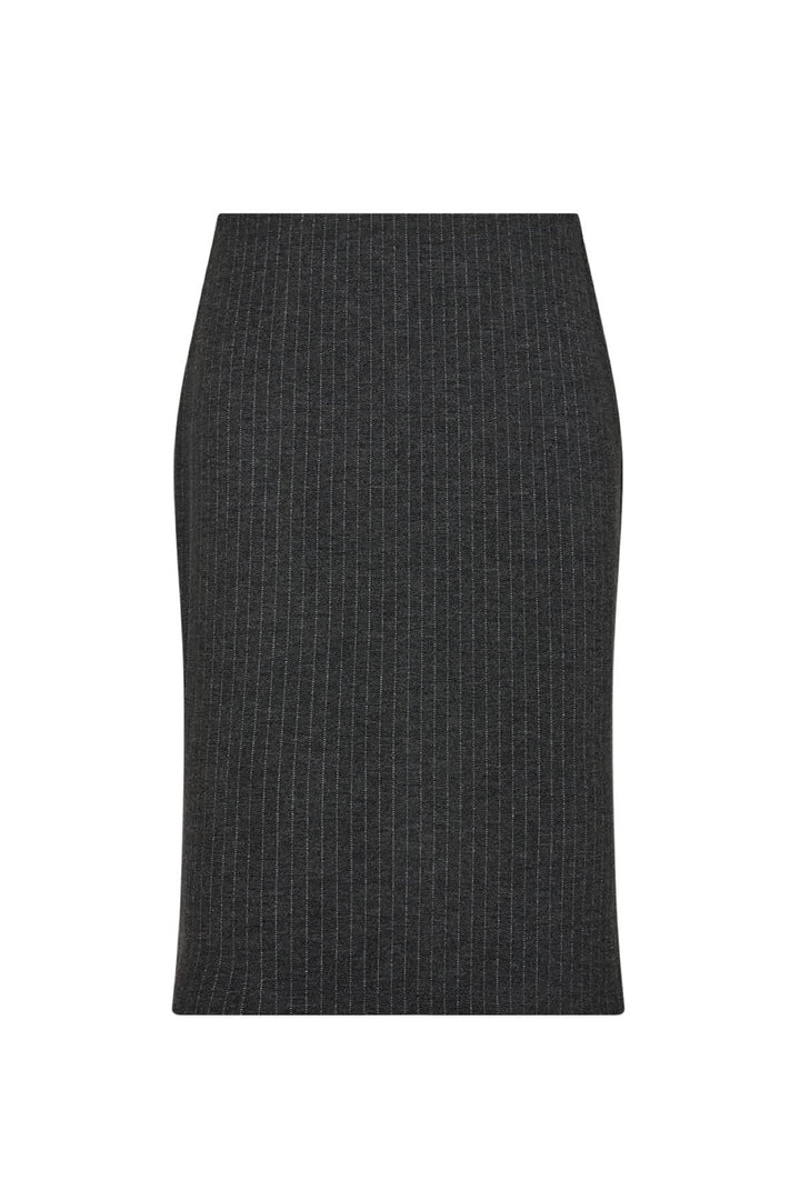 Jupe crayon noire avec rayures, taille haute et fente arrière, idéale pour un look professionnel.