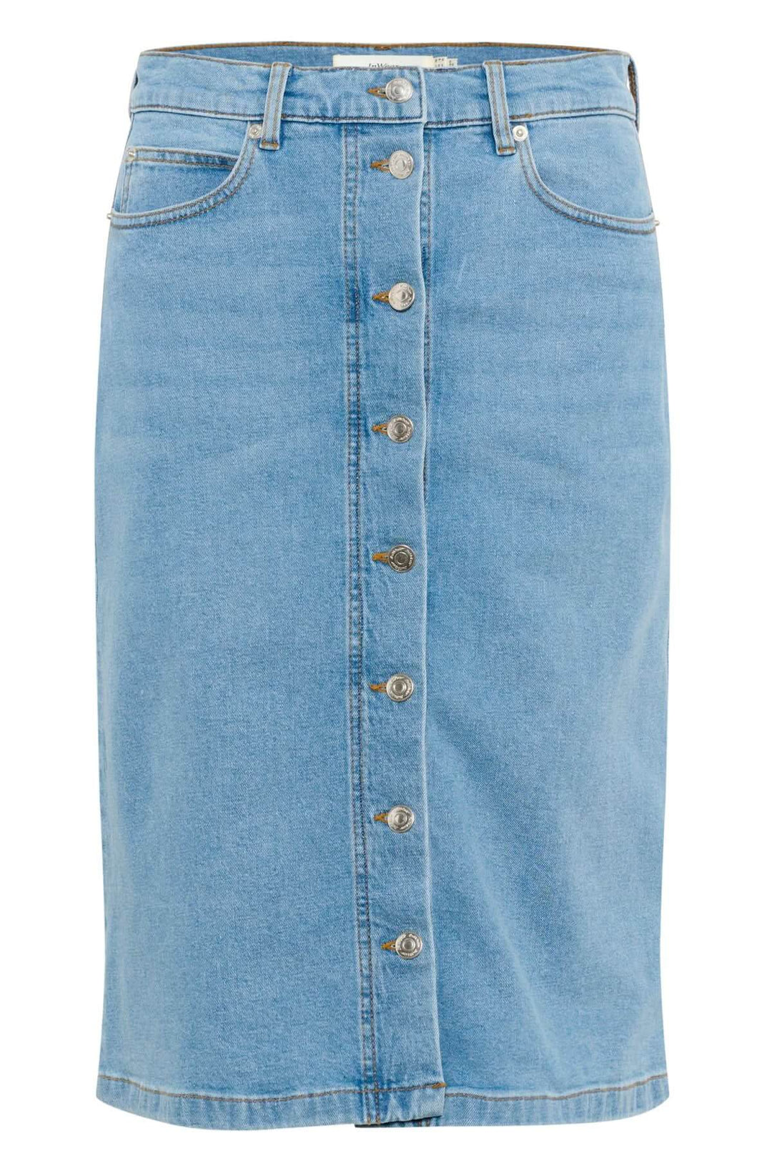 Jupe en jeans bleue clair, coupe droite midi, fermeture boutonnée, modèle 5 poches classique.