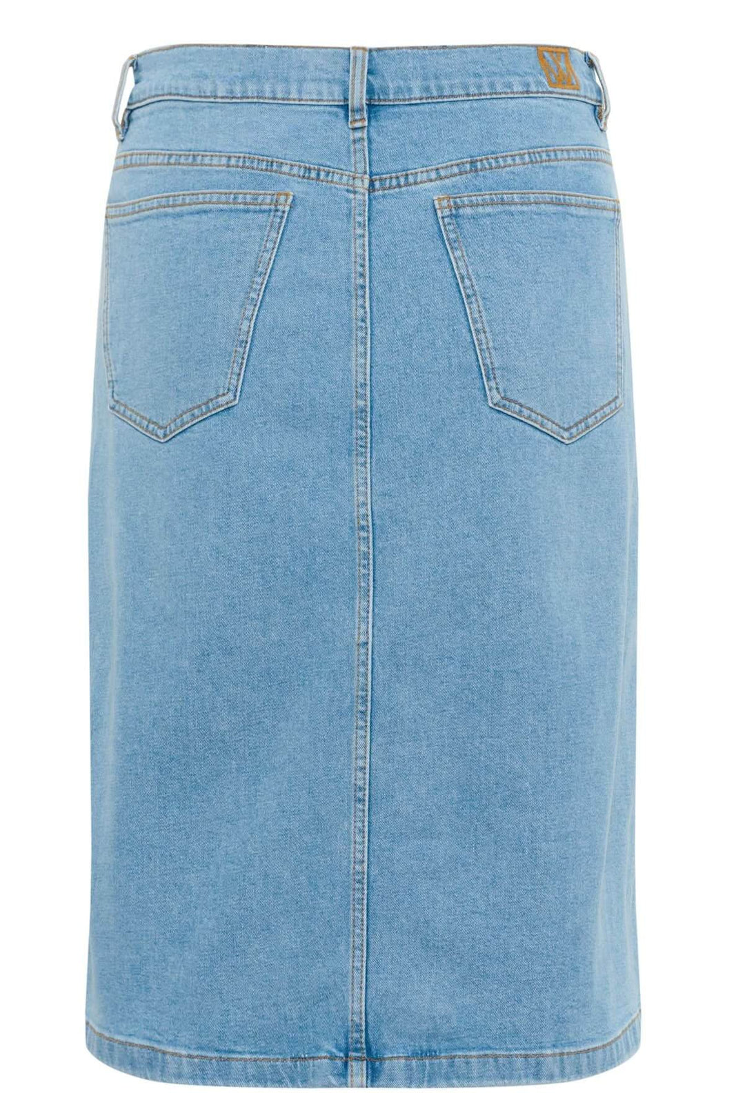 Jupe en jeans Sindra, délavage bleu clair, coupe droite midi, vue arrière, cinq poches et passants de ceinture.