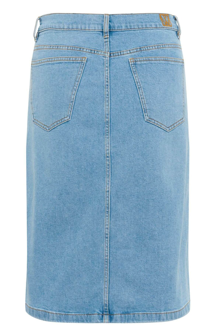 Jupe en jeans Sindra, délavage bleu clair, coupe droite midi, vue arrière, cinq poches et passants de ceinture.