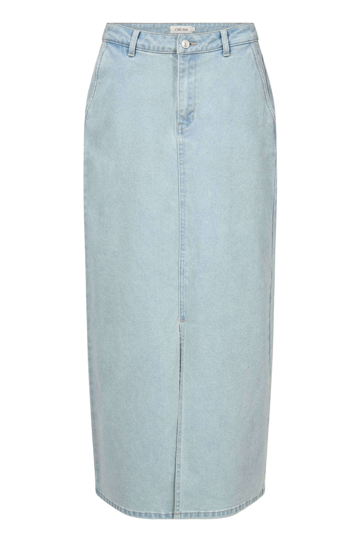Jupe longue Joanna en denim clair, midi, coupe droite, taille mi-haute avec fente et poches latérales.