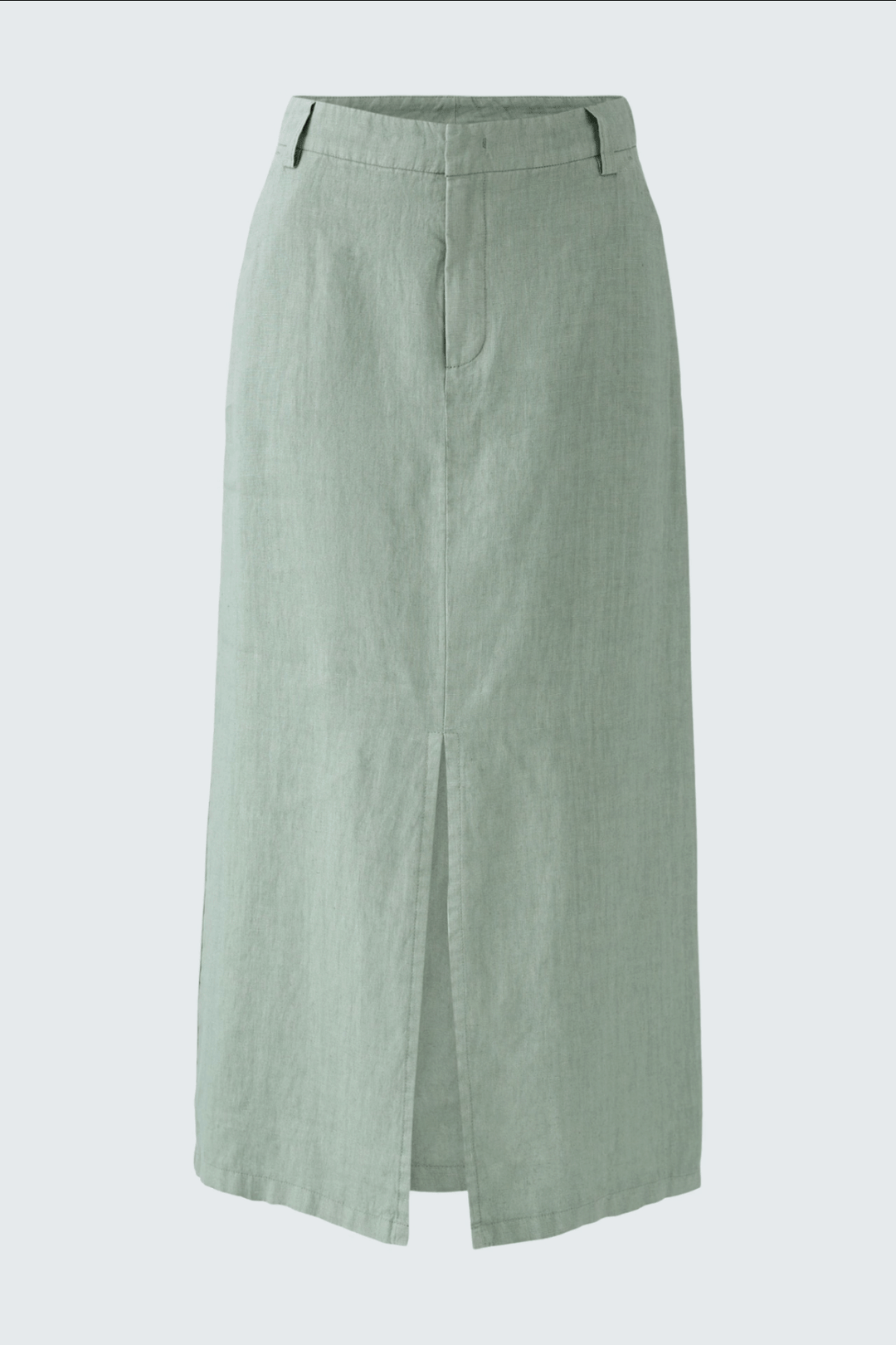 Jupe longue en lin vert avec fente avant, taille haute et poches, parfaite pour un look estival décontracté.
