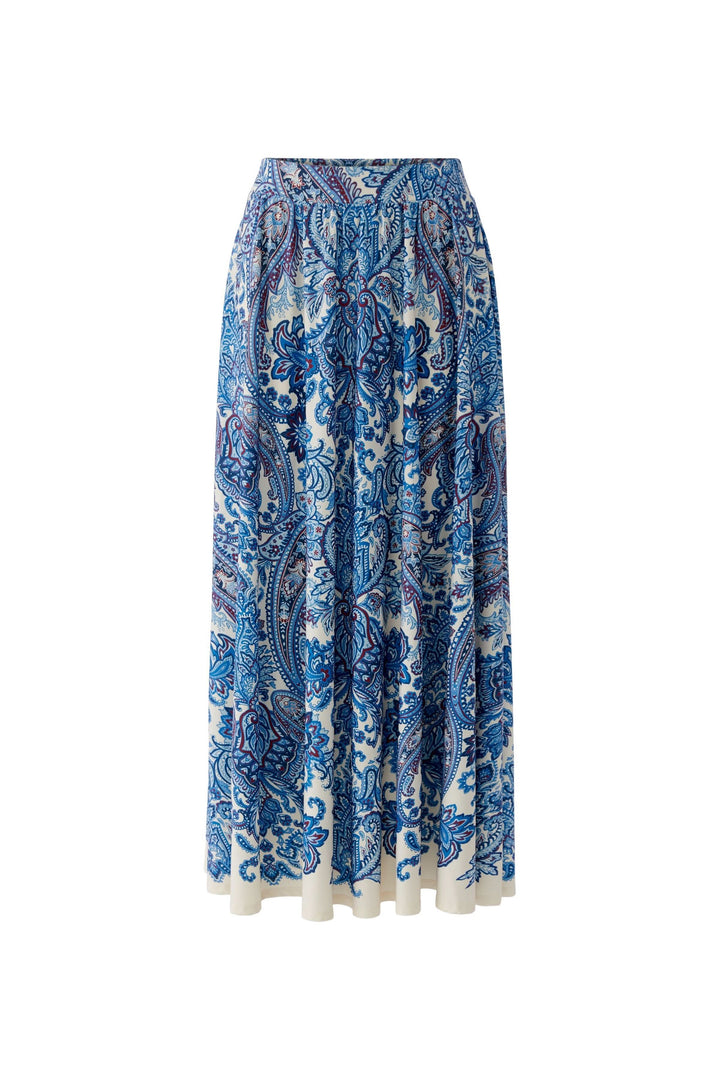 Jupe longue imprimée à taille élastique avec motif cachemire bleu, élégante et bohème, idéale pour un style féminin et harmonieux.