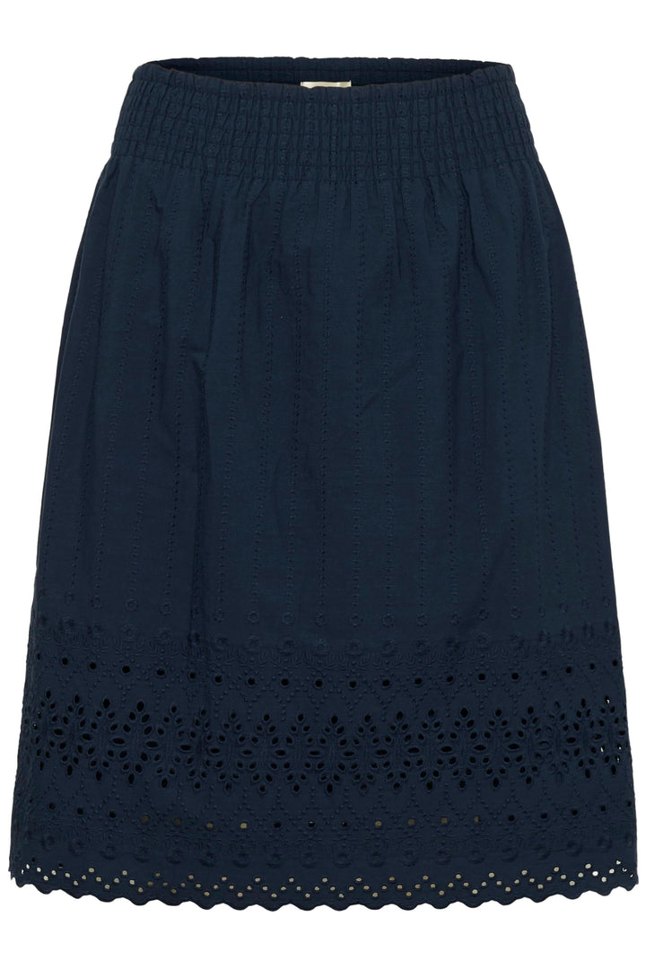 Jupe midi brodée à taille élastique avec broderie ajourée et finition festonnée, idéale pour un style féminin et confortable.