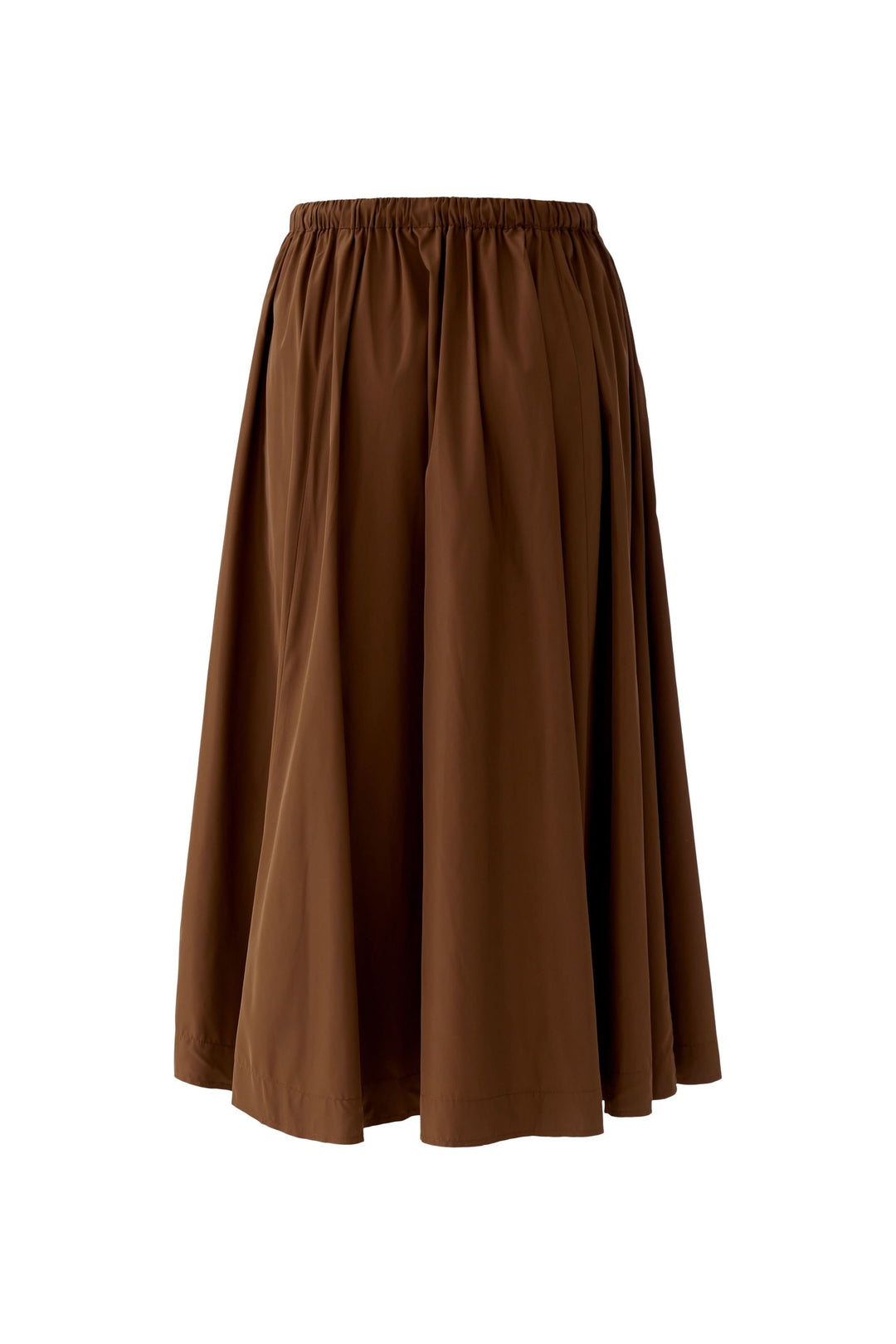 Jupe midi fluide marron avec taille élastique et cordon, silhouette moderne et confortable pour un style quotidien élégant.