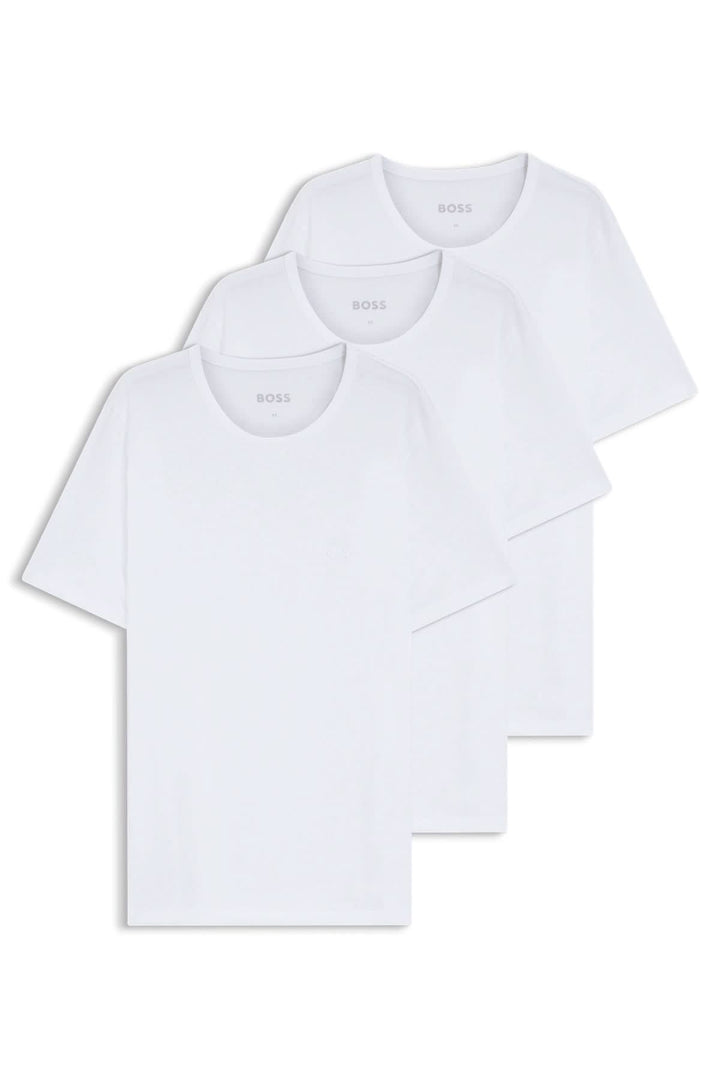 Lot de trois t-shirts en coton à logo brodé, coupe droite, manches courtes, encolure ronde, essentiels confortables et polyvalents.