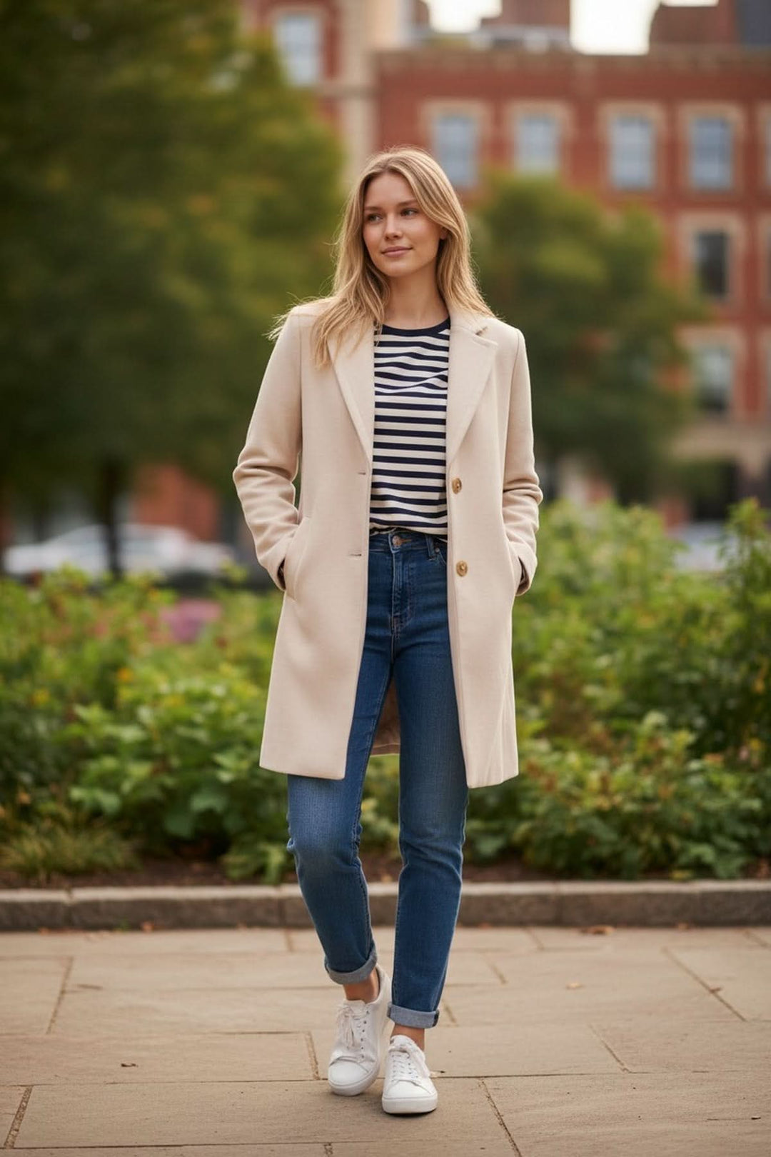 Modèle portant un Manteau droit minimaliste BERYL.L. avec une coupe élégante et contemporaine pour un look urbain et décontracté.