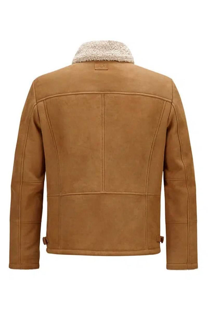 Manteau en cuir robuste en daim de chèvre avec col en fausse fourrure, vue arrière.