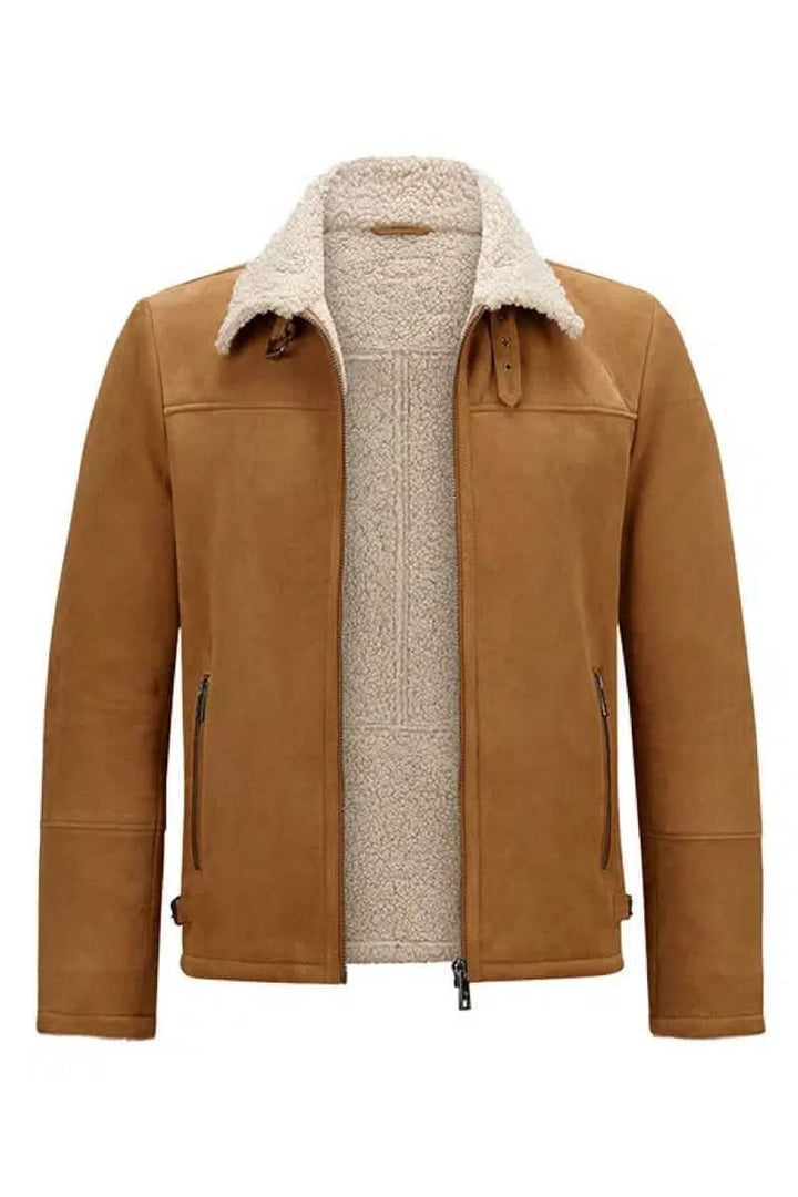 Manteau en cuir de chèvre avec intérieur en fausse fourrure, col en fourrure, fermetures éclair, et allure audacieuse.